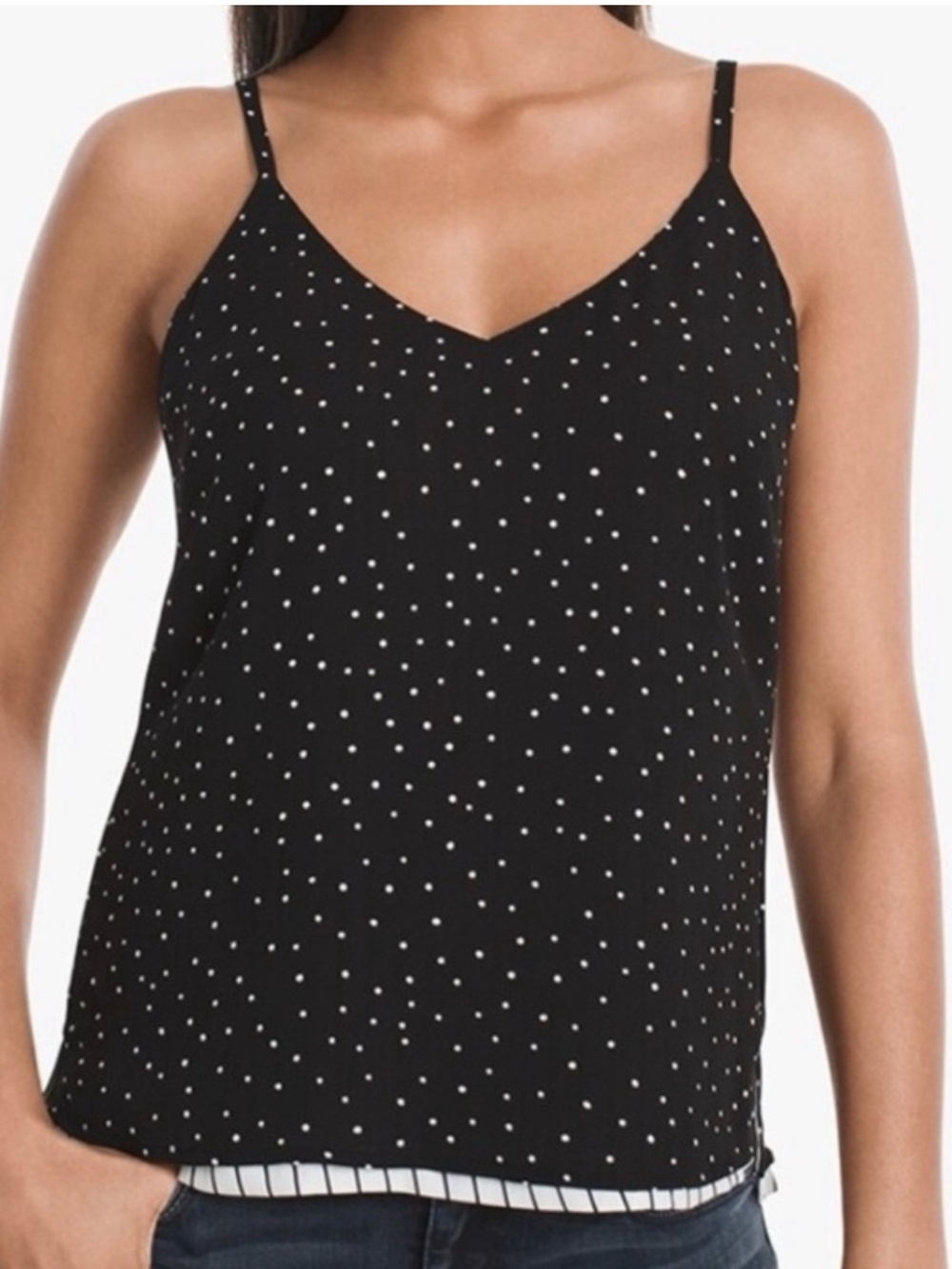 WHBM Reversible V-Neck Cami Tank Top Blk White Stripe Polka Dot Spaghetti Strap
